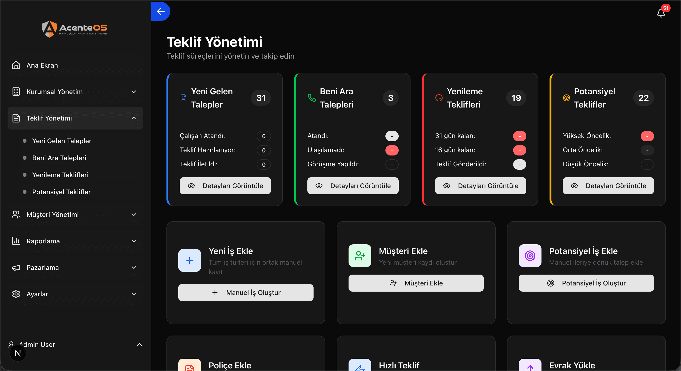 AcenteOS ana ekran — talep detayları ve operasyon yönetimi